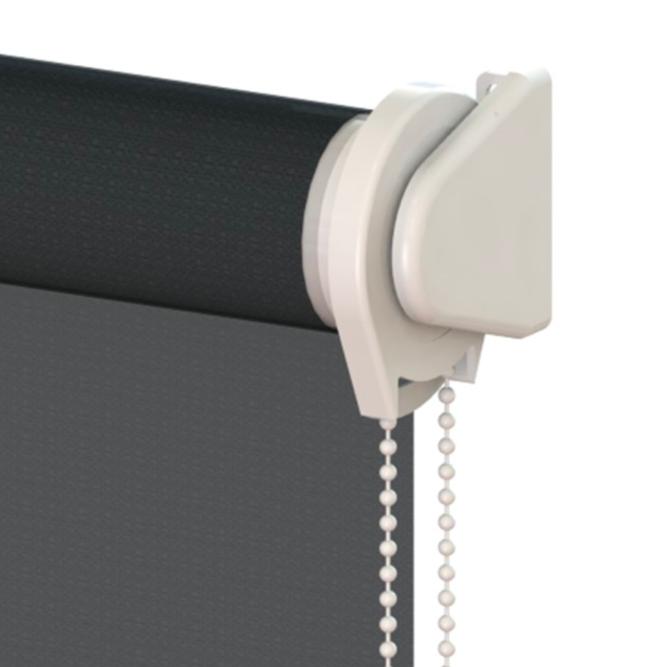 White roller blind headrail with chain pull cords and fabric shade on a window.